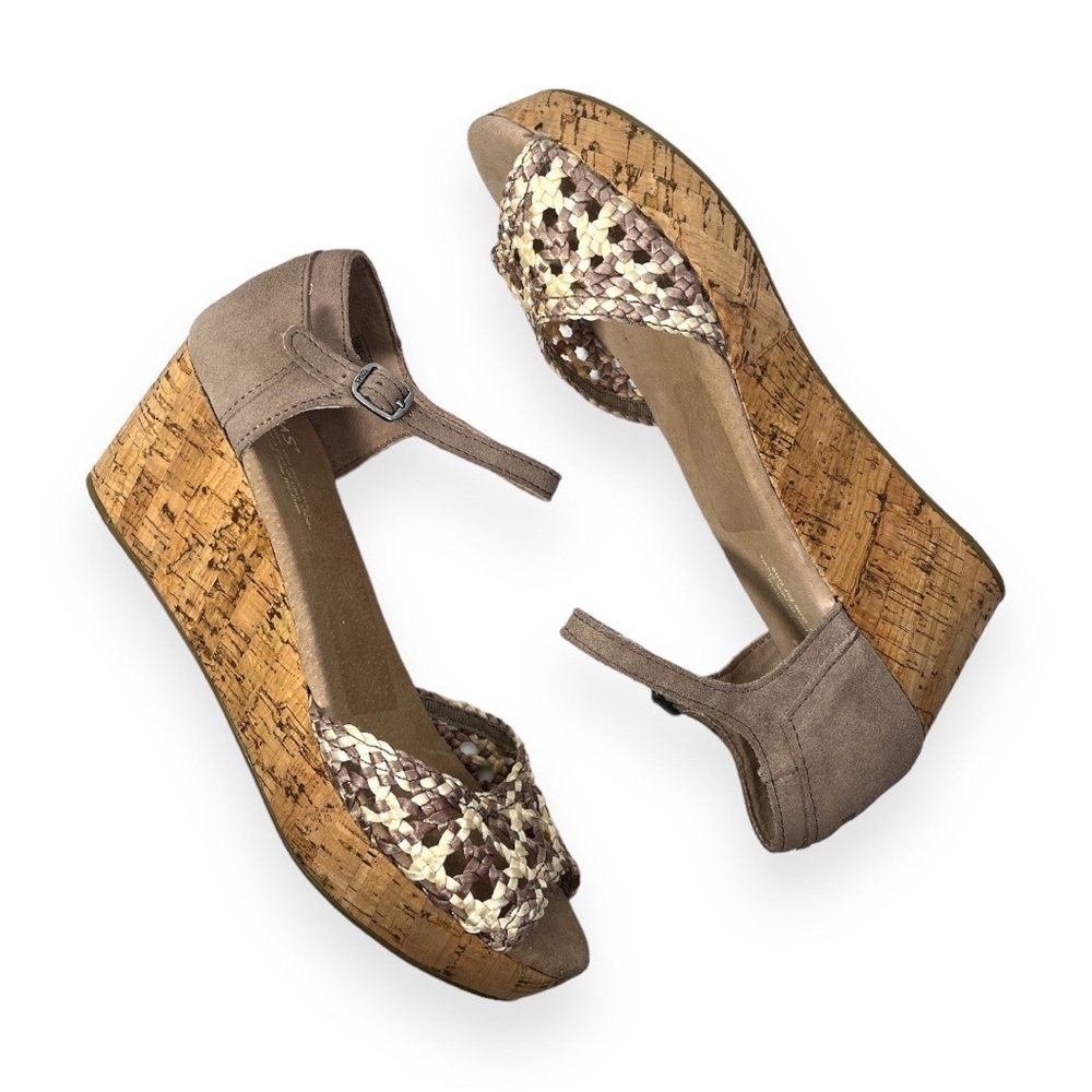 Tom's Stucco Satin Woven Peep Toe Platform Wedges Womens Size 9